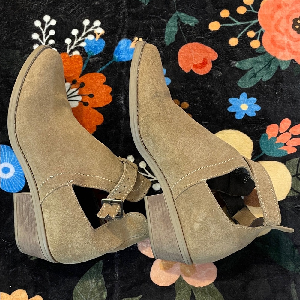 Suede Tan Cutout Ankle Booties with Buckle Strap - Picture 2 of 10